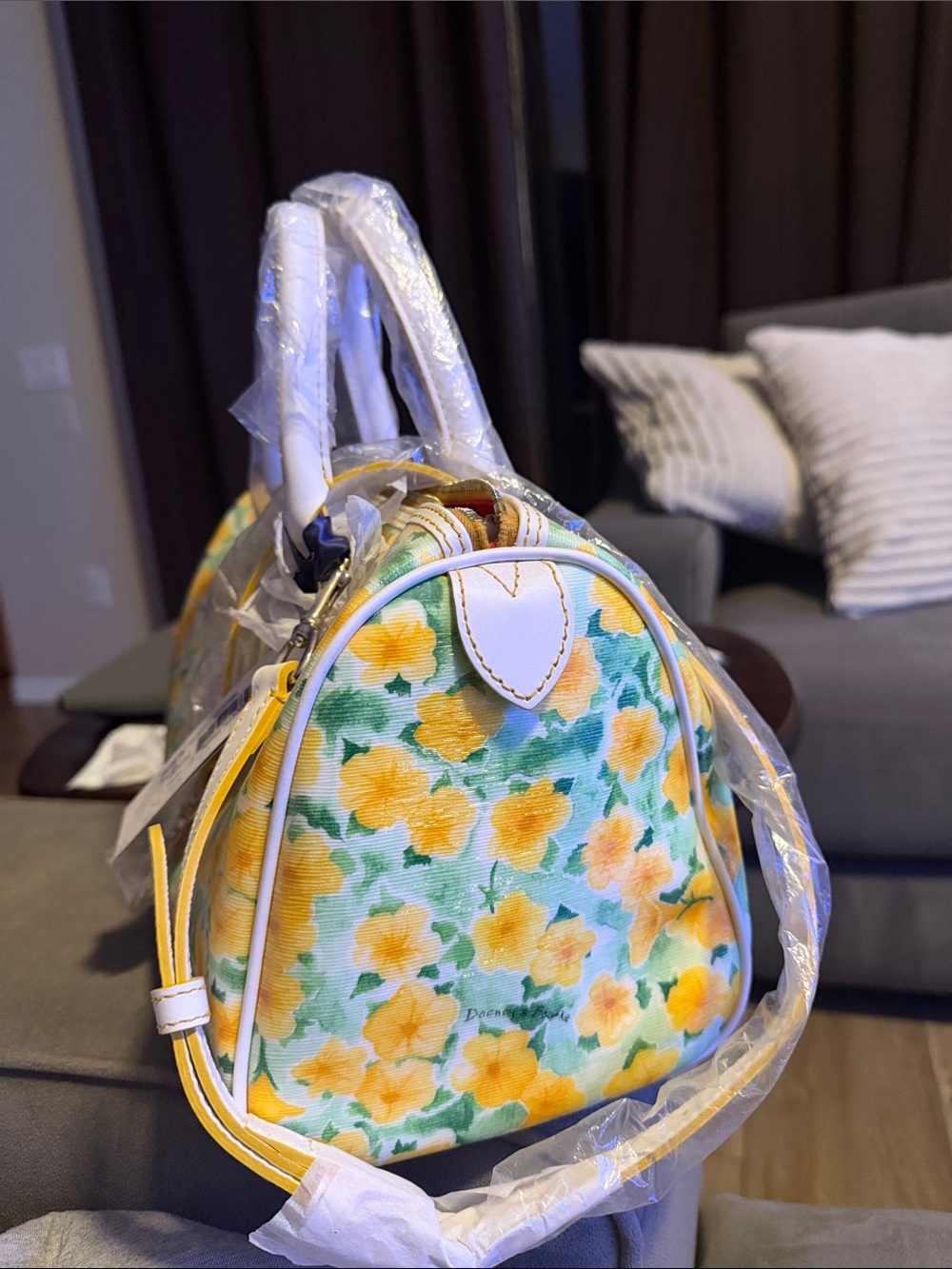 Dooney & Bourke Yellow Floral Satchel with White Handles - Picture 2 of 4